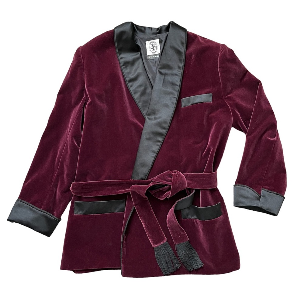 VINTAGE LW WARDY BURGUNDY VELVET SATIN SMOKING JACKET PLAYBOY XL EXTRA LARGE